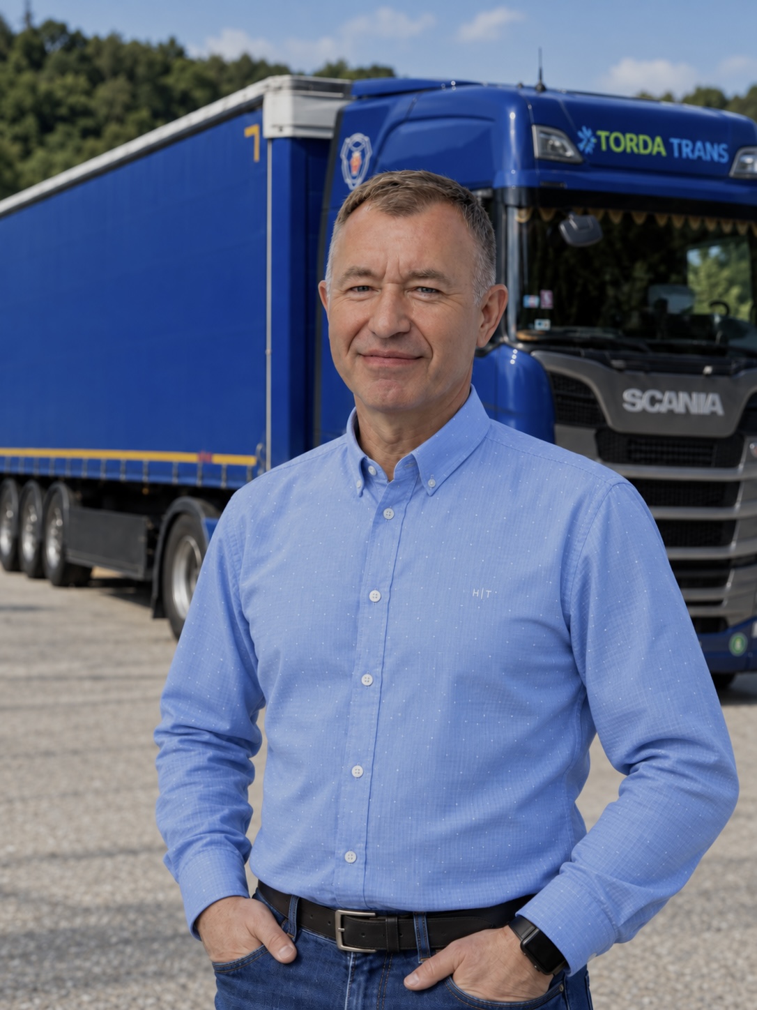 Torda István, a Torda Trans alapítója a vállalat kamionja előtt